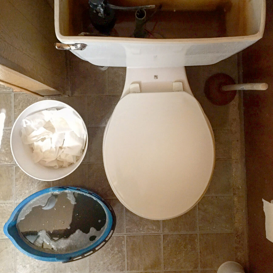 Toilet, bin for toilet paper, grey water to flush