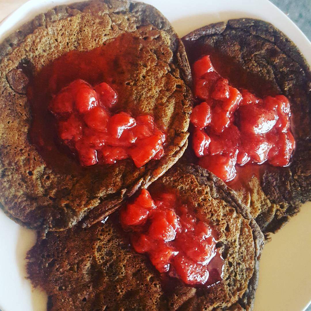 Water wise breakfast Buckwheat pancakes with strawberry sauce